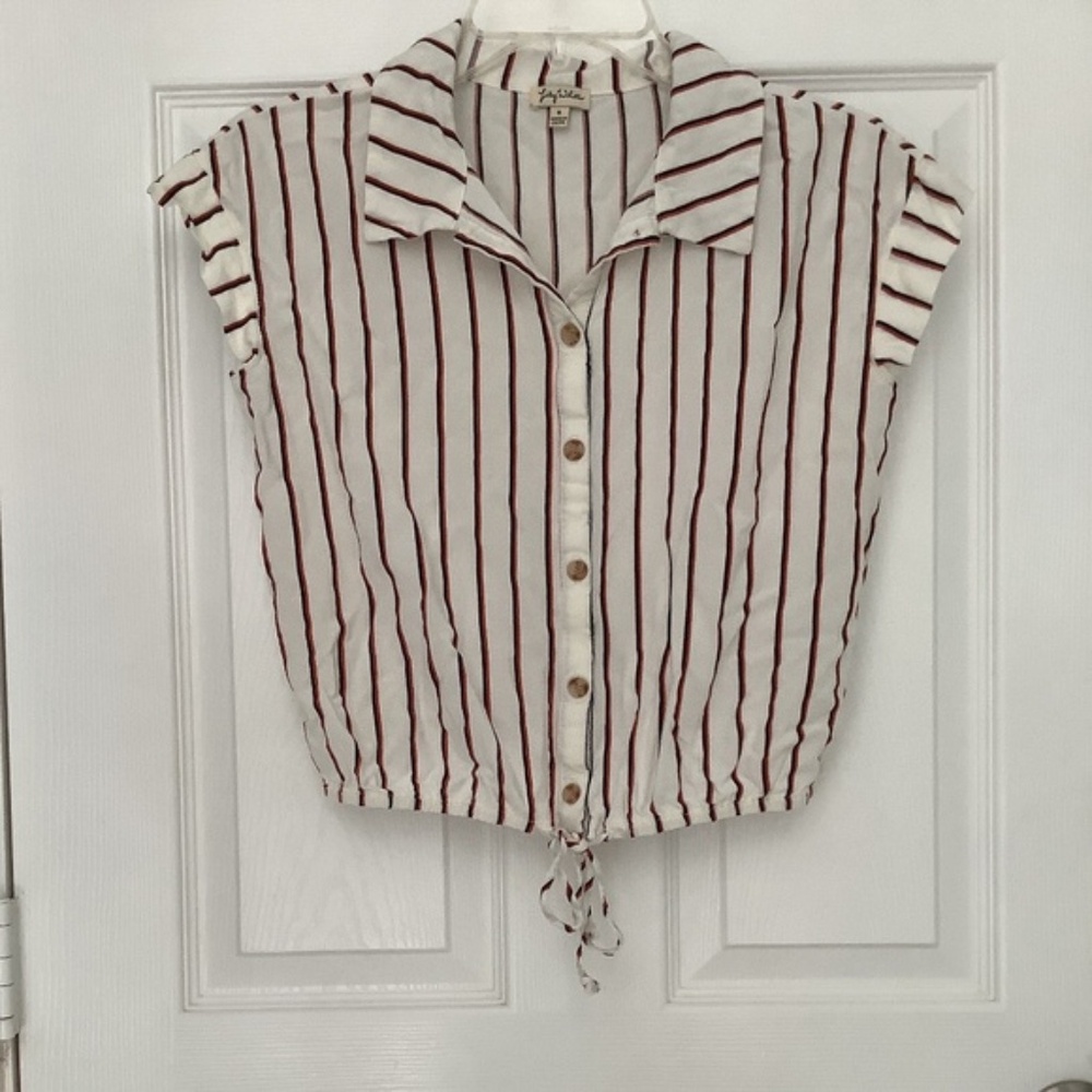 Lily White Black/White/Orange Striped Cropped Tie-Front Shirt JL LIKE NEW